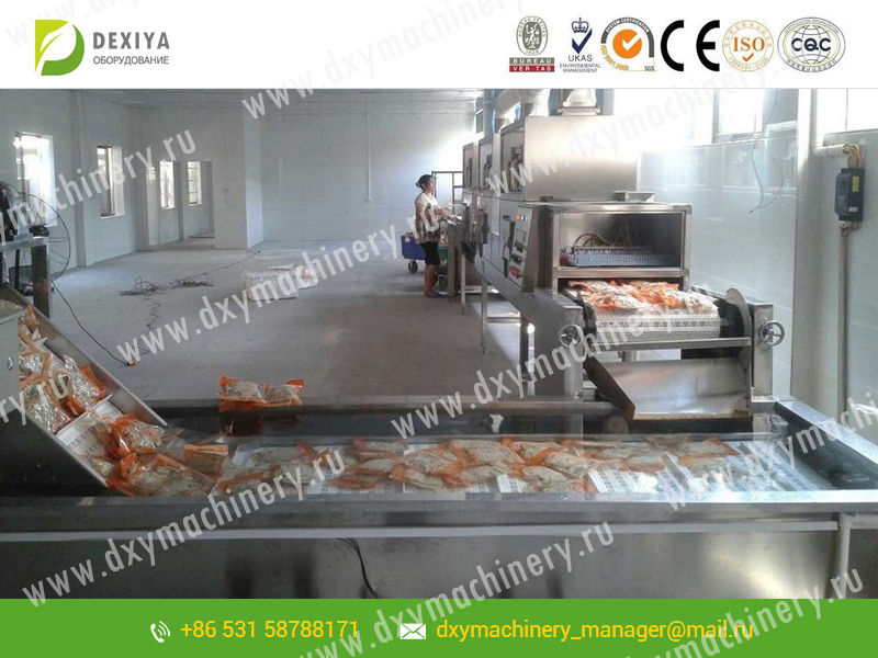 Microwave installation for drying and sterilizing food in sealed packaging